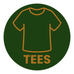 Outline of a t-shirt with 'TEES' text on a green circle