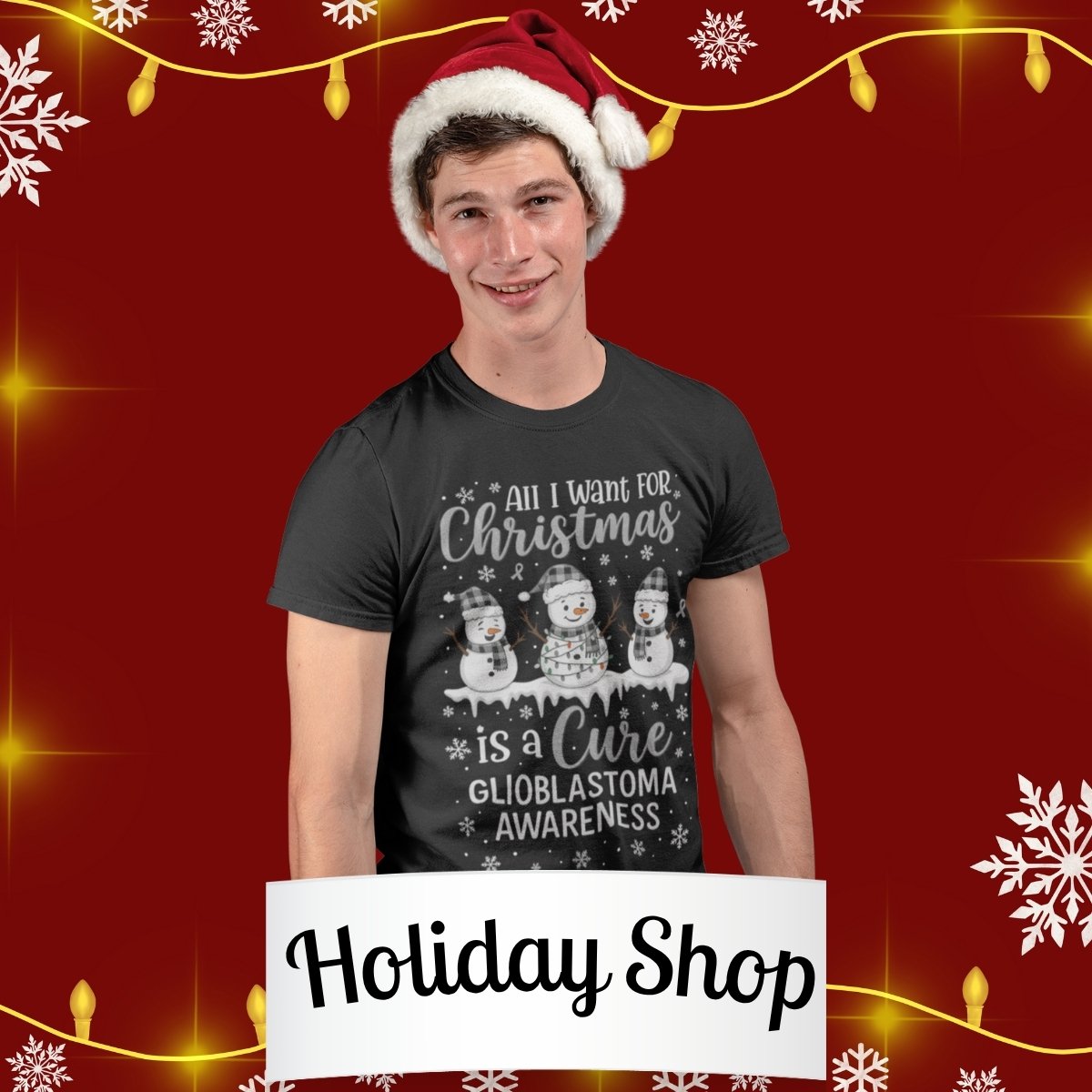 Person wearing a black t-shirt with a Christmas-themed message on a red background with holiday decorations.