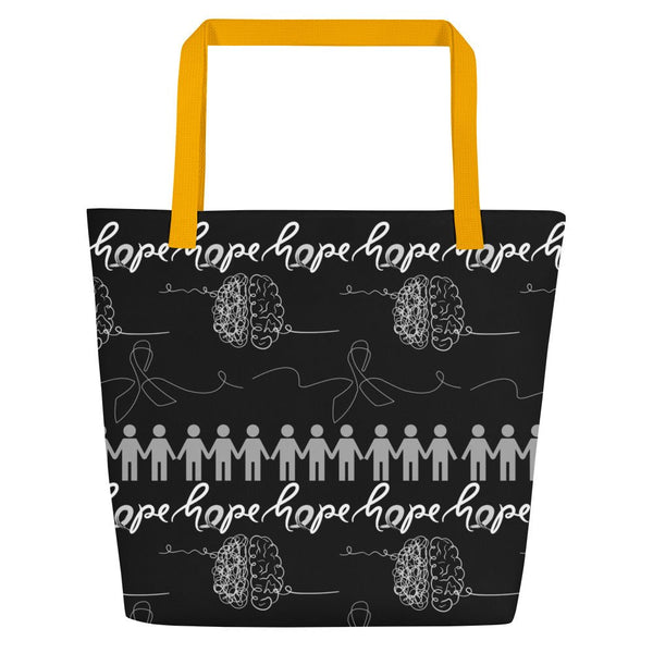 Brain Cancer Black n Gray Large Tote Bag - JohnVsGBMYellow