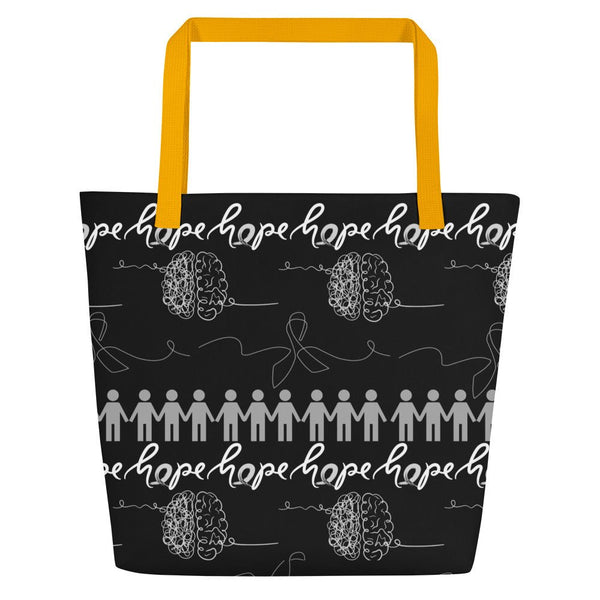 Brain Cancer Black n Gray Large Tote Bag - JohnVsGBMYellow
