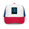 Brain Cancer Neon Ribbon Trucker Hat - JohnVsGBMWhite / Royal / Red