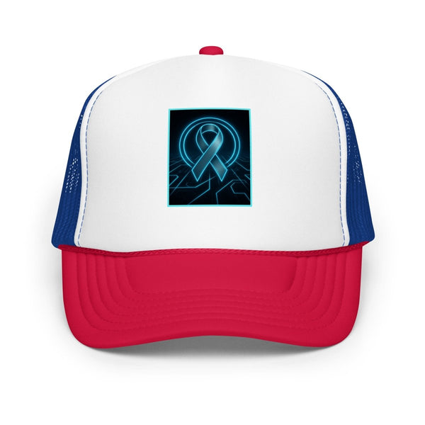 Brain Cancer Neon Ribbon Trucker Hat - JohnVsGBMWhite / Royal / Red