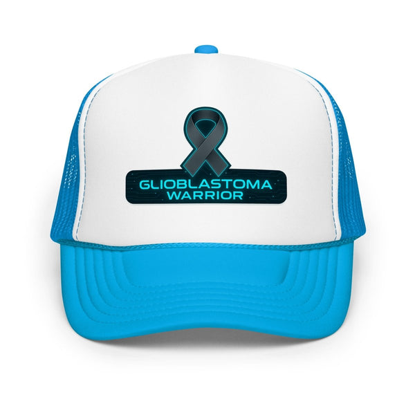 Brain Cancer Neon Ribbon Warrior Trucker Hat - JohnVsGBMBlue / White / Blue