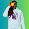 Young woman wearing a Pancreatic Cancer Awareness hoodie, showcasing support and resilience, with a background displaying over 100+ hoodie styles for cancer advocacy.