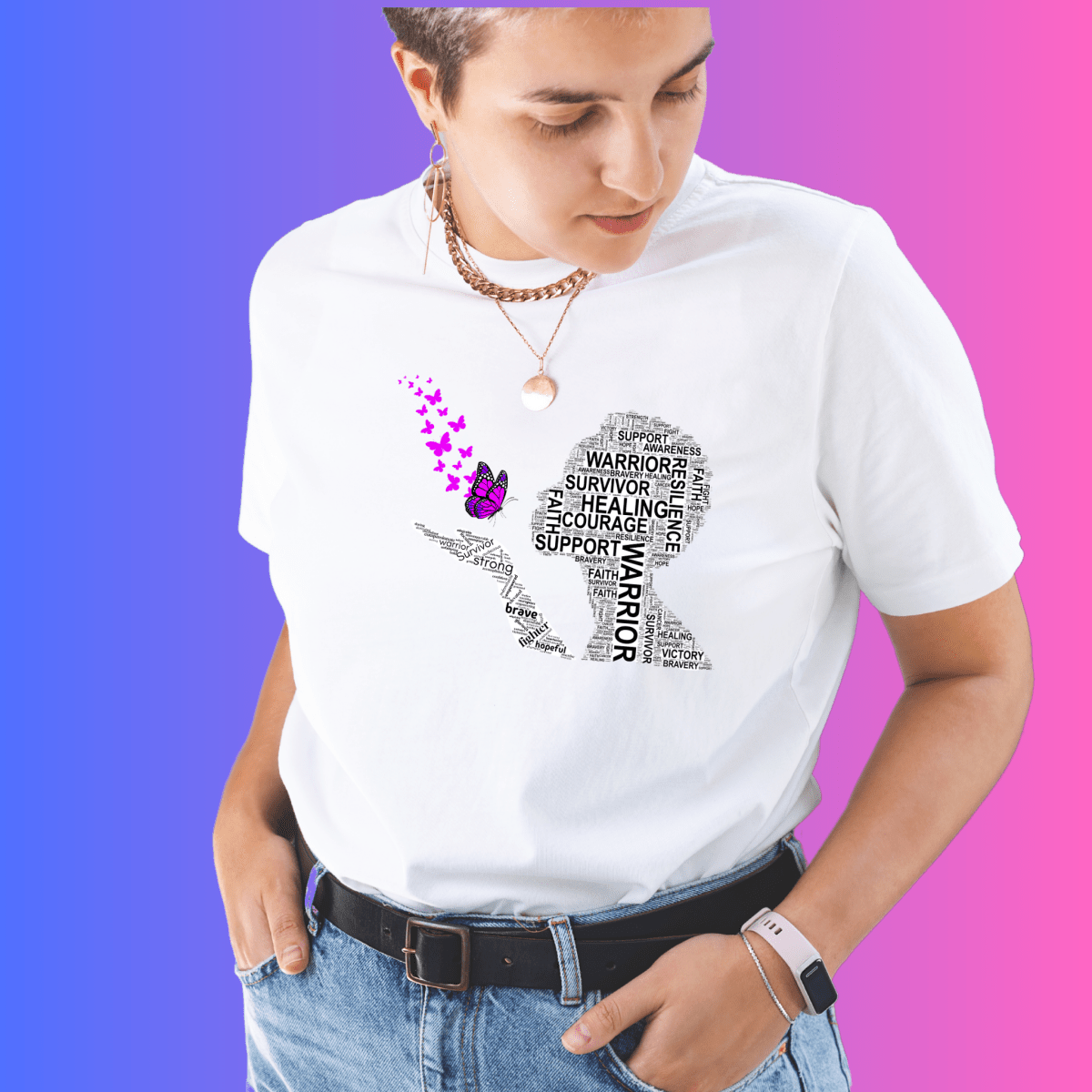 Girl wearing pancreatic cancer awareness shirt blowing butterflies, with “Click to shop over 500 tees” text