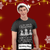 Person wearing a black t-shirt with snowmen design and text on a festive red background. Shirt is for Glioblastoma. and directs to Holidy Shop