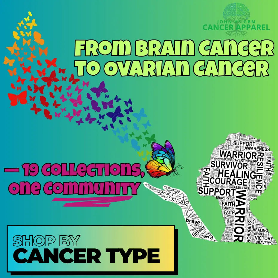 Silhouette of a person blowing multicolored butterflies with a rainbow butterfly on their hand, symbolizing cancer awareness. Text reads: 'From Brain Cancer to Ovarian Cancer — 19 Collections, One Community.