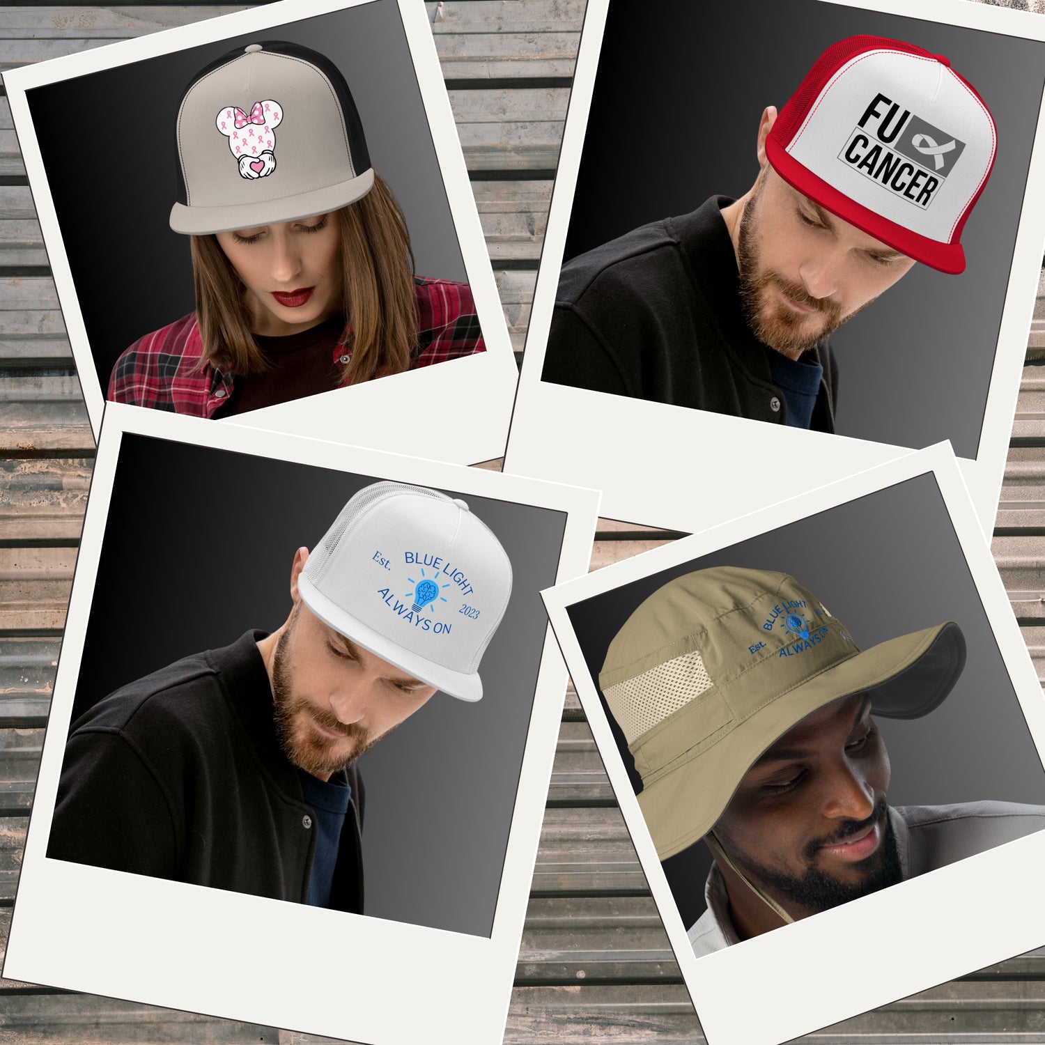 Hat collection featuring a gray and black cap with a Minnie Mouse breast cancer ribbon design, a red and white trucker cap with 'FU Cancer,' a white cap with 'Blue Light Always On Est. 2023,' and a beige wide-brim hat with the same 'Blue Light Always On' design.