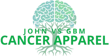 JohnVsGBM Cancer Apparel logo featuring a tree with deep roots growing into a brain, symbolizing strength, resilience, and the fight against brain cancer