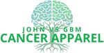 JohnVsGBM Cancer Apparel logo featuring a tree with deep roots growing into a brain, symbolizing strength, resilience, and the fight against brain cancer