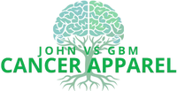 JohnVsGBM Cancer Apparel logo featuring a tree with deep roots growing into a brain, symbolizing strength, resilience, and the fight against brain cancer