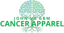 JohnVsGBM Cancer Apparel logo featuring a tree with deep roots growing into a brain, symbolizing strength, resilience, and the fight against brain cancer