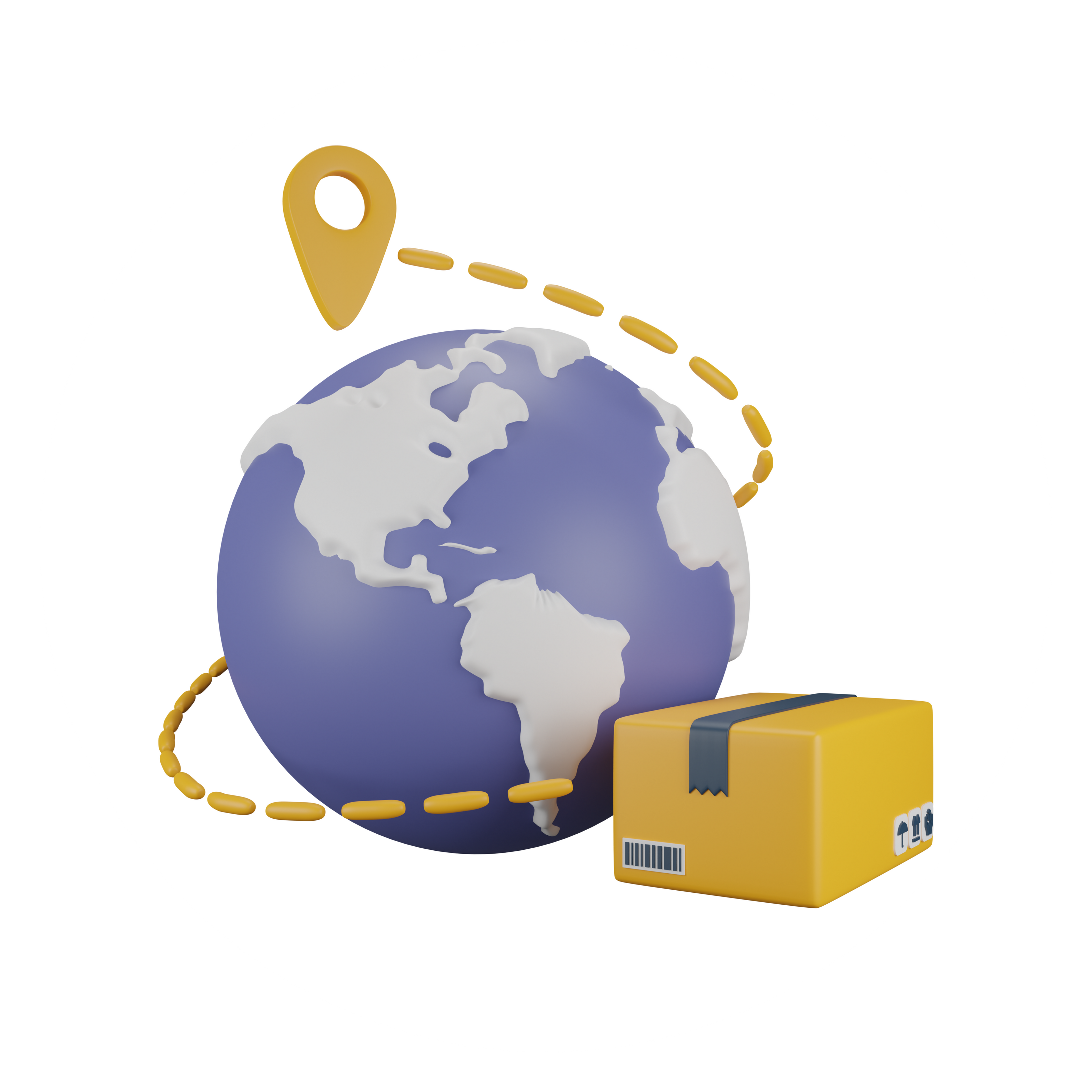 Global shipping icon featuring a 3D globe, a yellow location pin, a dotted travel path, and a cardboard package, symbolizing worldwide product delivery and sustainability