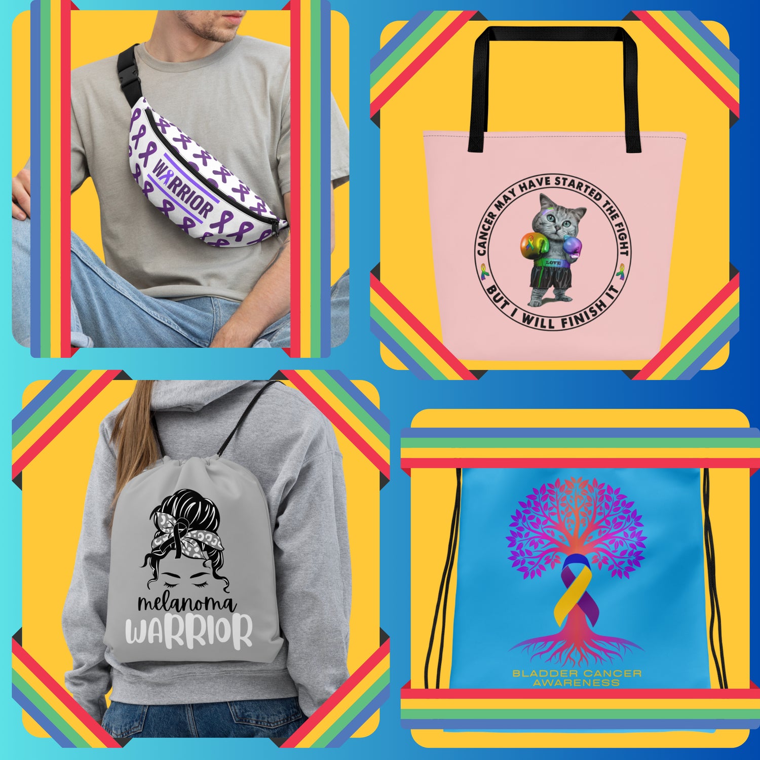 Bag collection featuring a purple fanny pack with 'Warrior' and awareness ribbons, a pink tote bag with a boxing cat and the phrase 'Cancer May Have Started the Fight, But I Will Finish It,' a gray drawstring bag with 'Melanoma Warrior' and a bandana design, and a blue drawstring bag with a tree and bladder cancer ribbon.