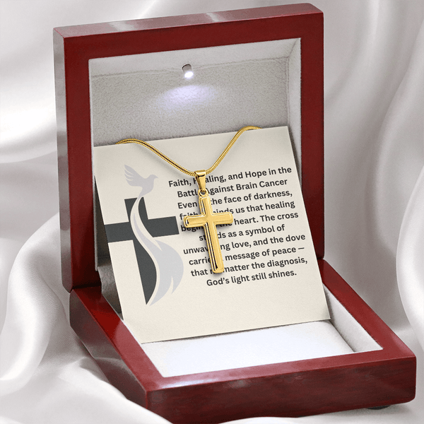 Brain Cancer Dove Cross Necklace - JohnVsGBMLuxury Box18K Yellow Gold Finish