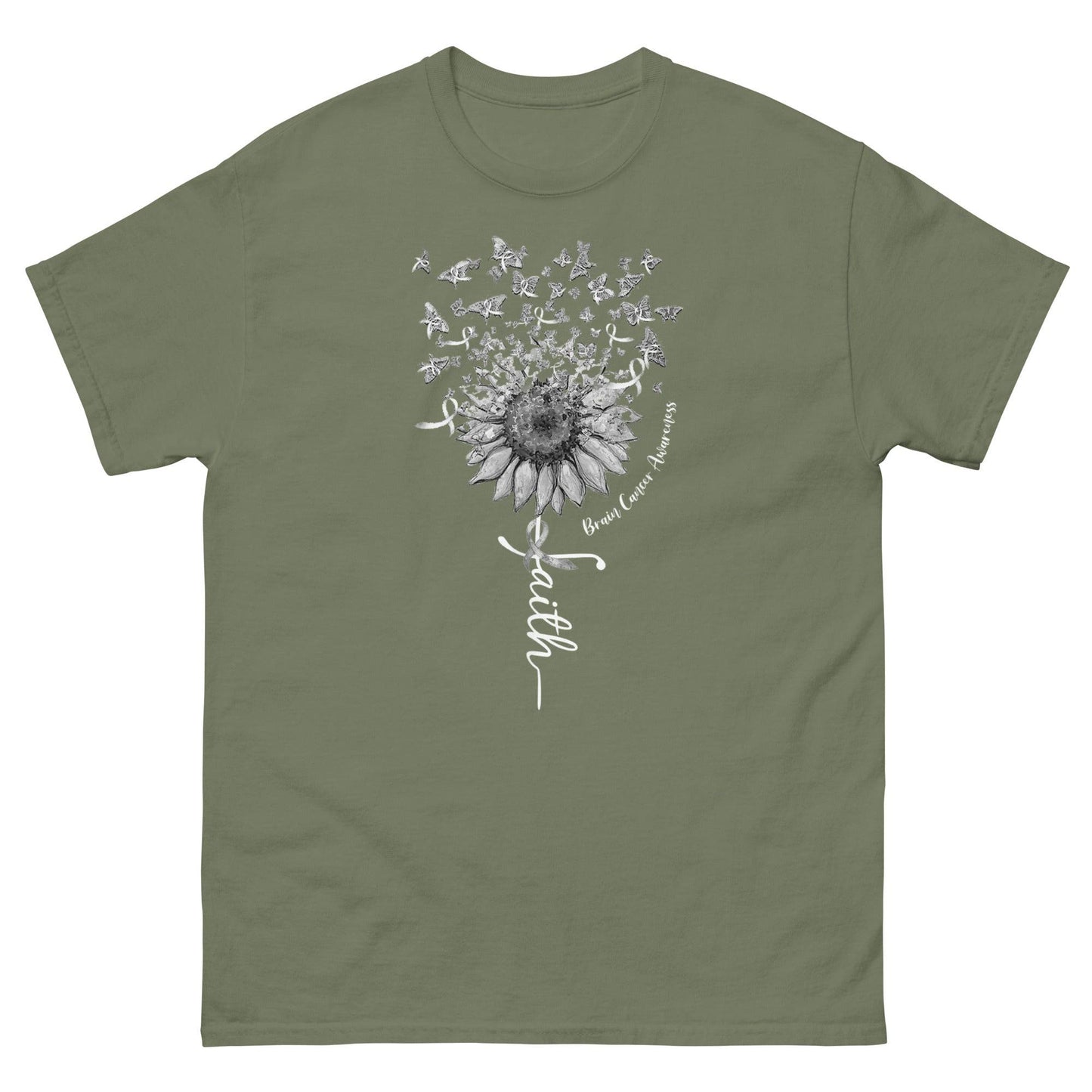 Brain Cancer Faith with Butterflies Tee - JohnVsGBMMilitary GreenS