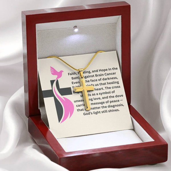 Breast Cancer Dove Cross Necklace - JohnVsGBMStandard Box18K Yellow Gold Finish