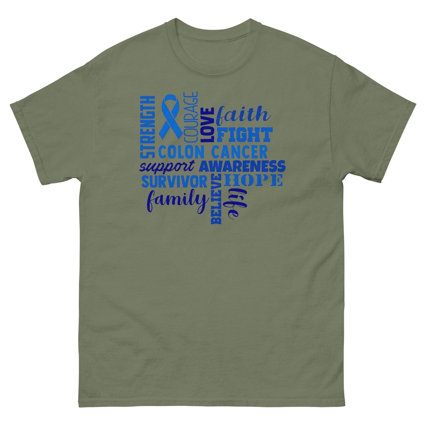 Colon Cancer Love Faith Strength Tee - JohnVsGBMMilitary GreenS