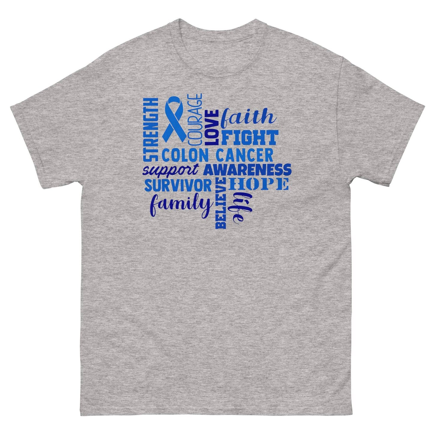 Colon Cancer Love Faith Strength Tee - JohnVsGBMSport GreyS