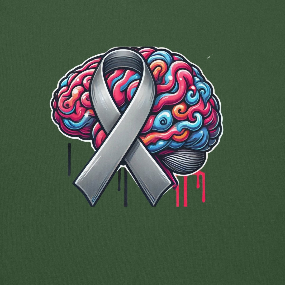 Grey Brain Ribbon Graffiti Hoodie - JohnVsGBMForest GreenS