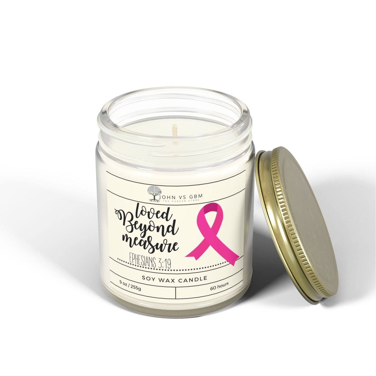 "Loved Beyond Measure" Ephesians 3:19 Candle (Choose Ribbon Color) - JohnVsGBM9ozClearBeachwood