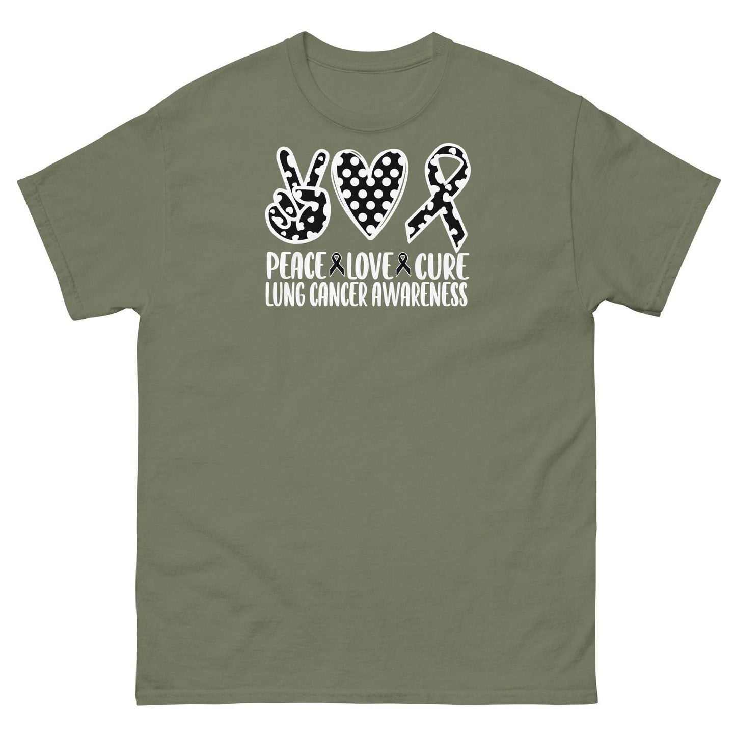 Lung Cancer Peace Love Cure Tee - JohnVsGBMMilitary GreenS