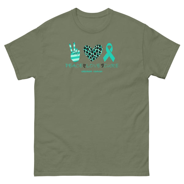 Ovarian Cancer Peace Love Tee - JohnVsGBMMilitary GreenS