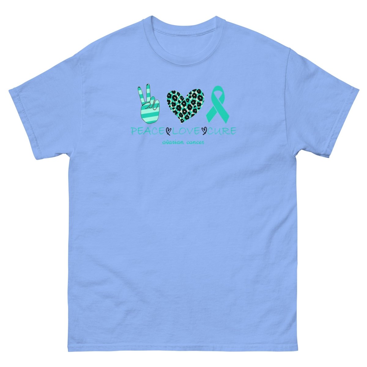 Ovarian Cancer Peace Love Tee - JohnVsGBMCarolina BlueS