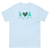 Ovarian Cancer Peace Love Tee - JohnVsGBMLight BlueS