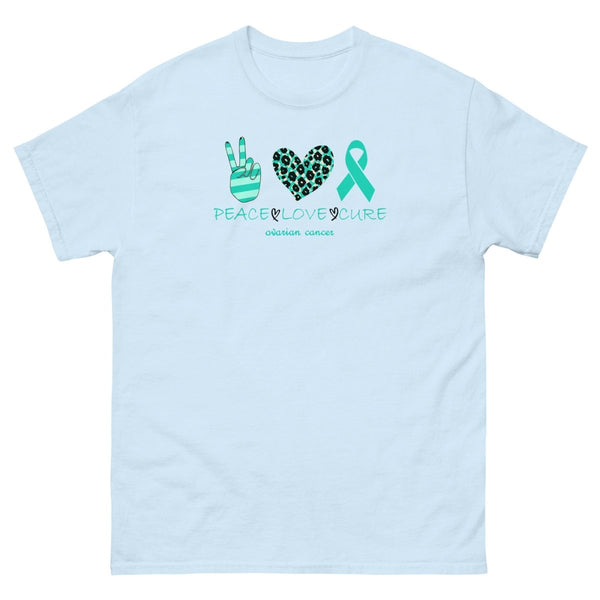 Ovarian Cancer Peace Love Tee - JohnVsGBMLight BlueS