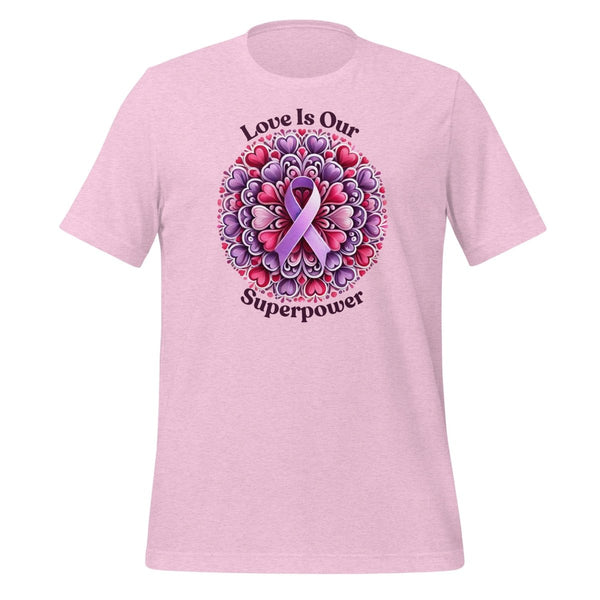 Pancreatic Cancer Superpower Love Tee - JohnVsGBMHeather Prism LilacS