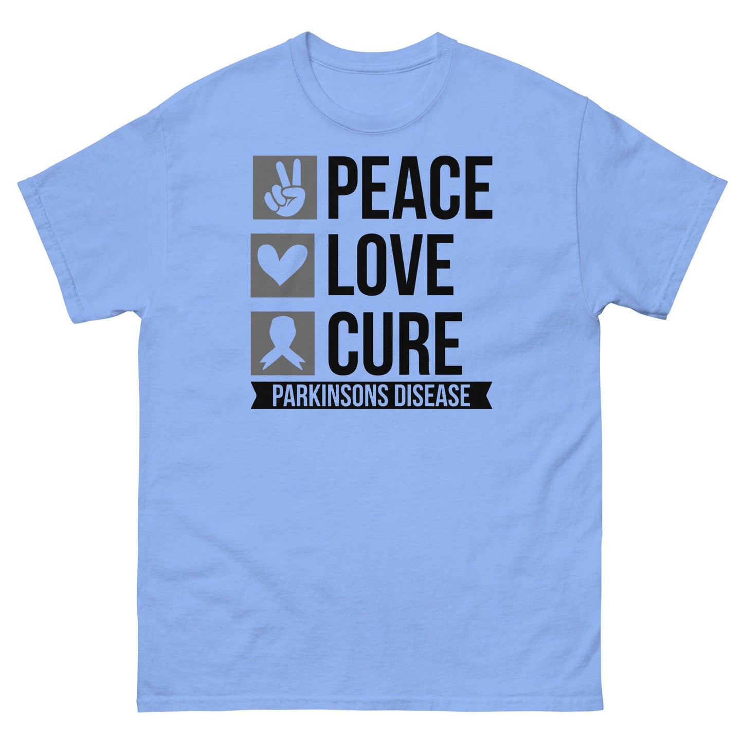 Parkinsons Awareness Peace, Love, Cure Classic Tee - JohnVsGBMCarolina BlueS