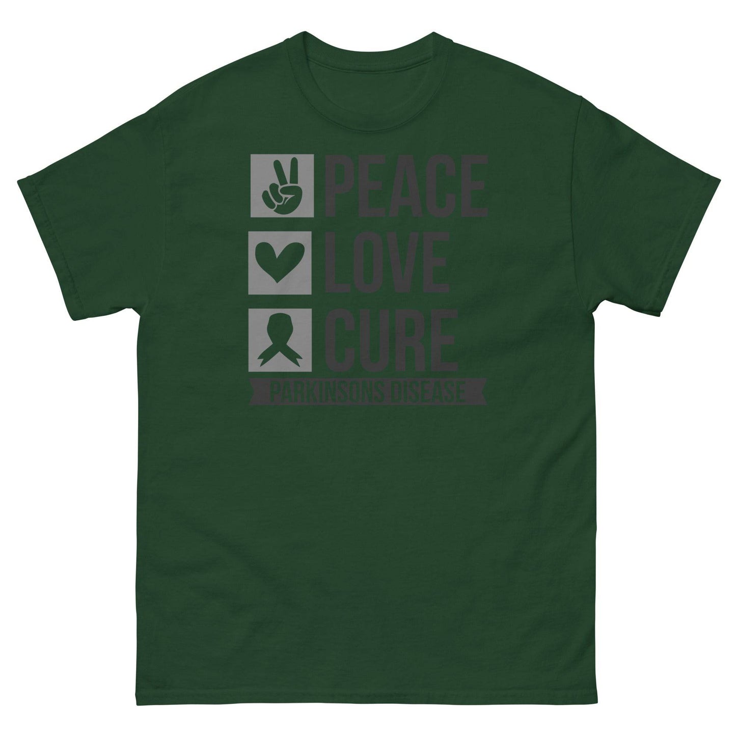 Parkinsons Awareness Peace, Love, Cure Classic Tee - JohnVsGBMForest GreenS